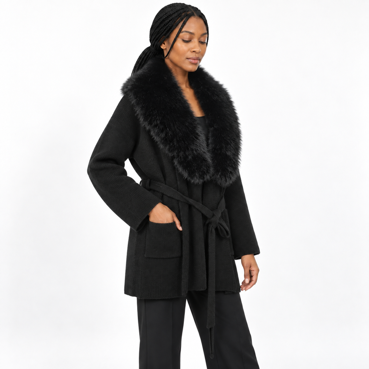 Women's cardigan with fur-like wool knitting for the coat — Black — three_quarter — studio 29-2