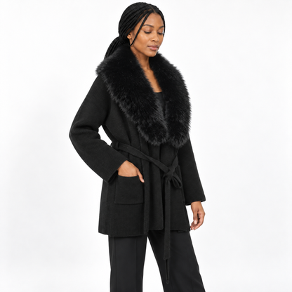 Women's cardigan with fur-like wool knitting for the coat — Black — three_quarter — studio 29-2