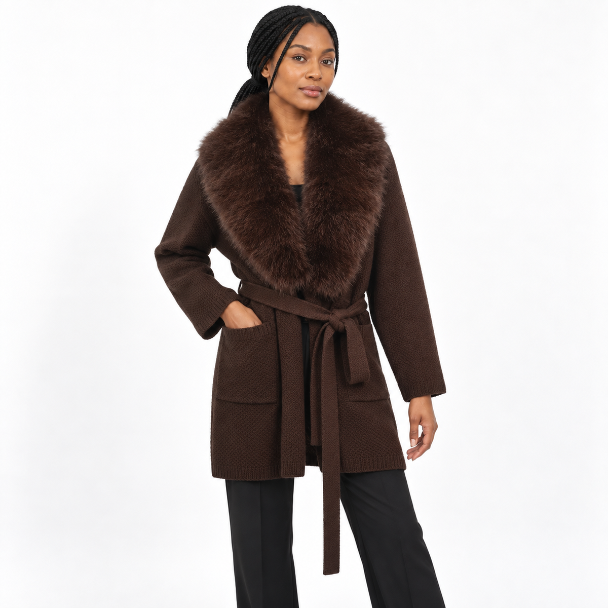 Women's cardigan with fur-like wool knitting for the coat — Brown — front — studio 29-4