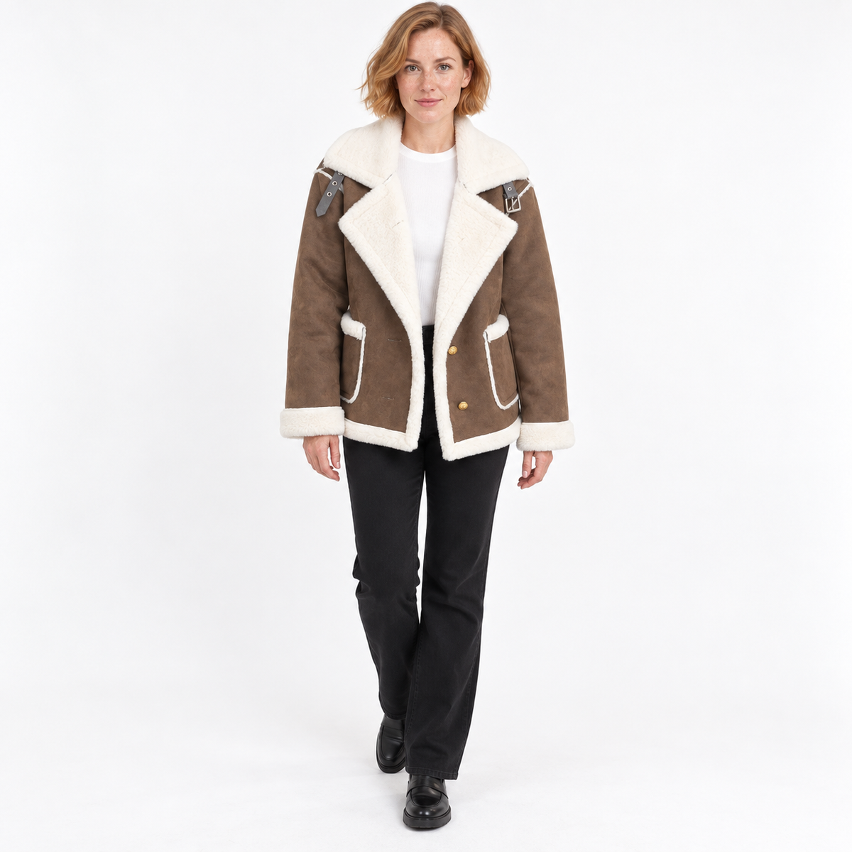 Autumn Winter Fashion Lapel Plush Jacket Fur Coat — Brown — front — studio 30-1