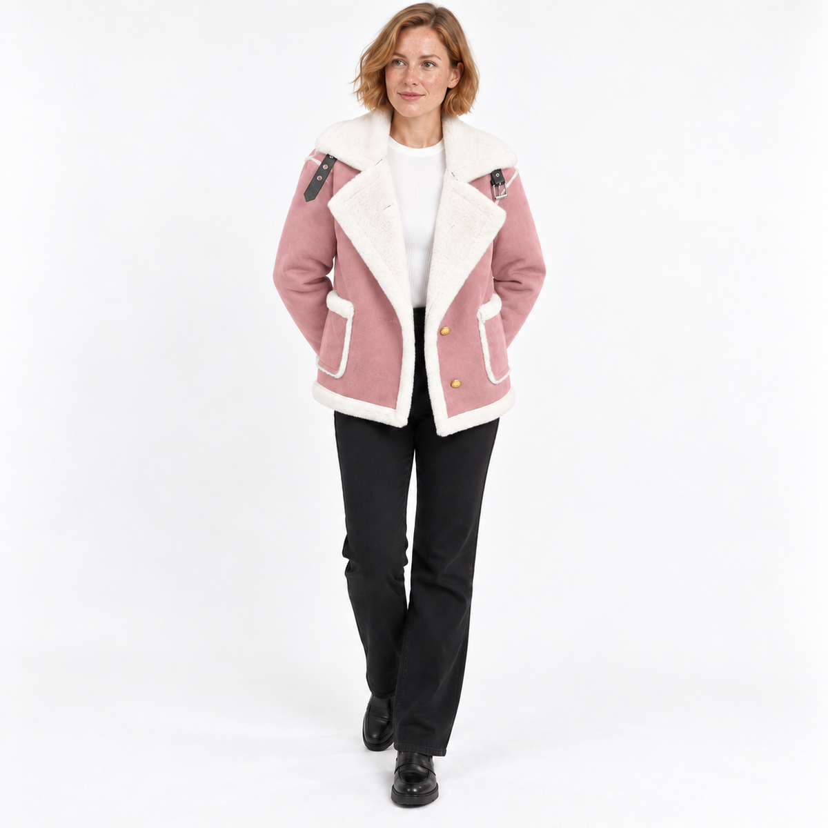 Autumn Winter Fashion Lapel Plush Jacket Fur Coat — Pink — front — studio 30-3