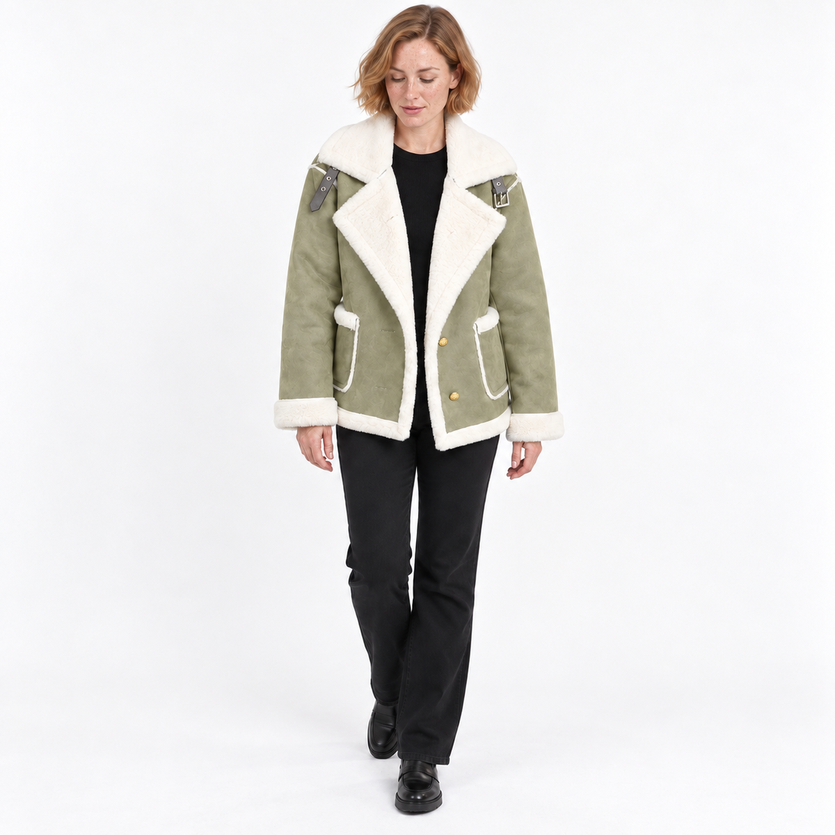 Autumn Winter Fashion Lapel Plush Jacket Fur Coat — Matcha color — front — studio 30-4