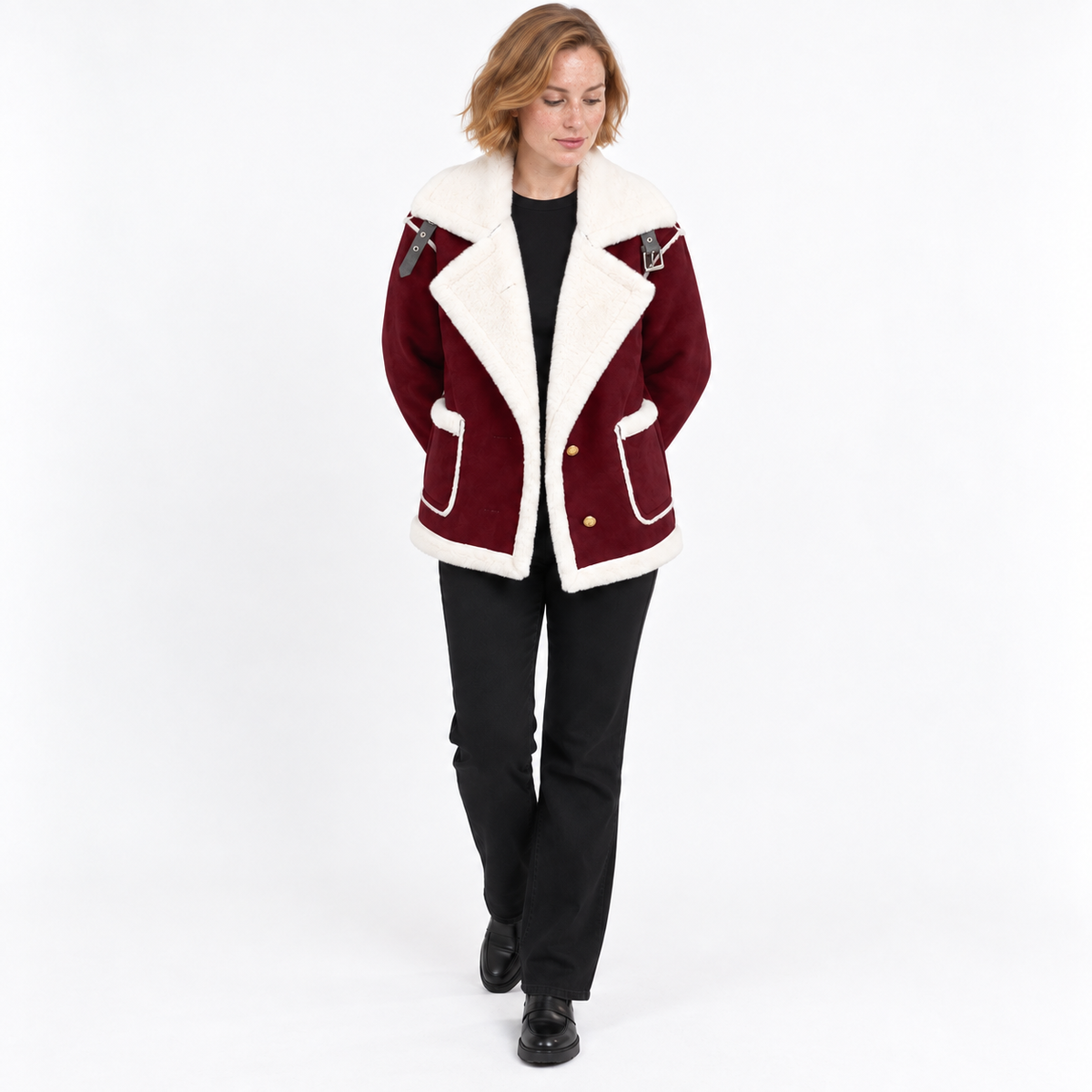 Autumn Winter Fashion Lapel Plush Jacket Fur Coat — Crimson — front — studio 30-5