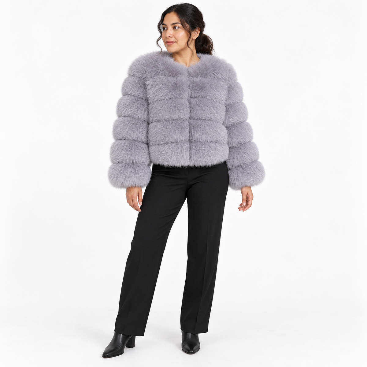 Leather-like fur coat, faux fox fur coat — Light gray — front — studio 32-1