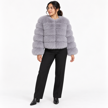 Leather-like fur coat, faux fox fur coat — Light gray — front — studio 32-1