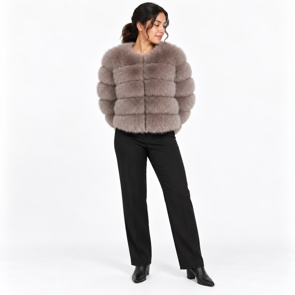 Leather-like fur coat, faux fox fur coat — Khaki — front — studio 32-2