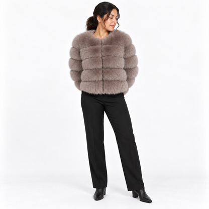 Leather-like fur coat, faux fox fur coat — Khaki — front — studio 32-2