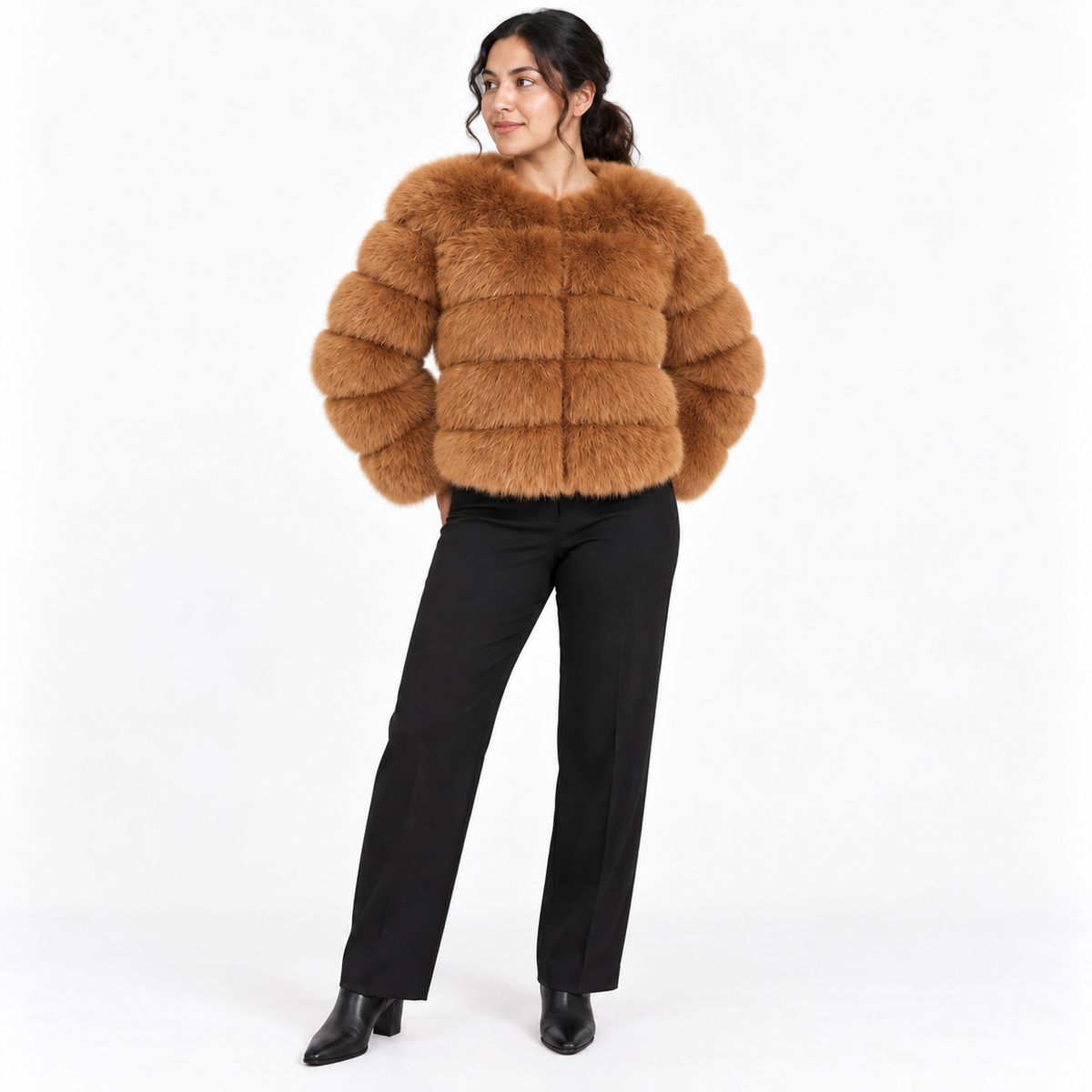 Leather-like fur coat, faux fox fur coat — Camel — front — studio 32-3