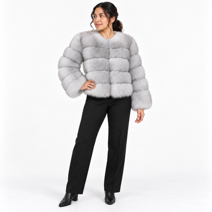 Leather-like fur coat, faux fox fur coat — Natural color — front — studio 32-4