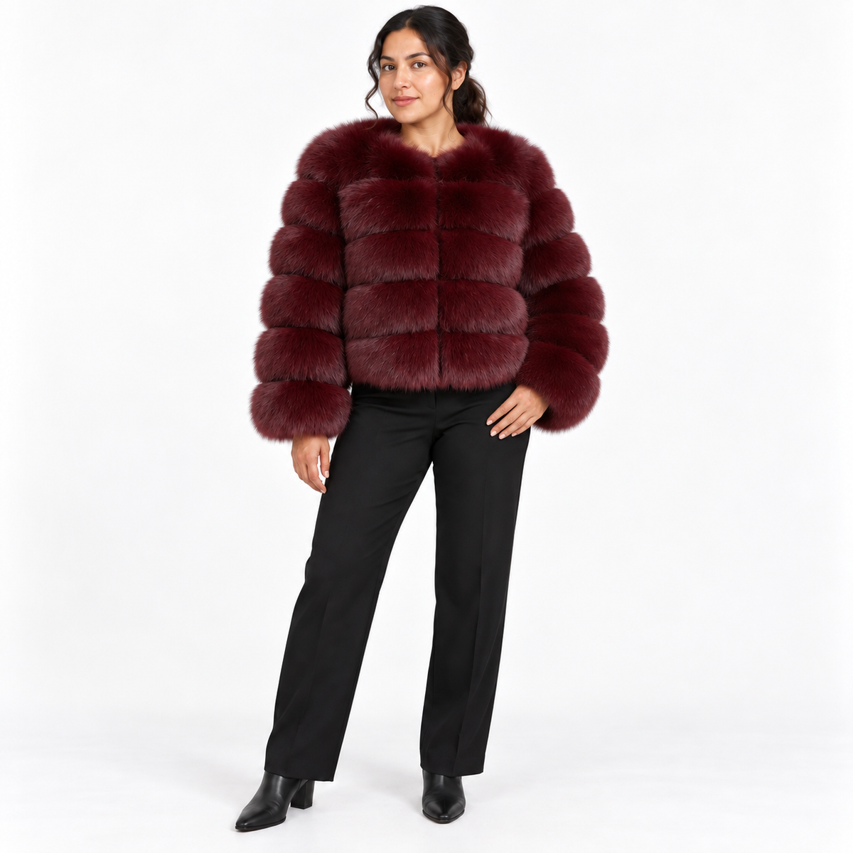 Leather-like fur coat, faux fox fur coat — Wine Red — front — studio 32-5