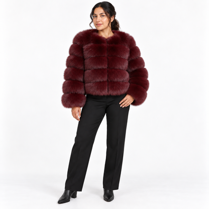 Leather-like fur coat, faux fox fur coat — Wine Red — front — studio 32-5