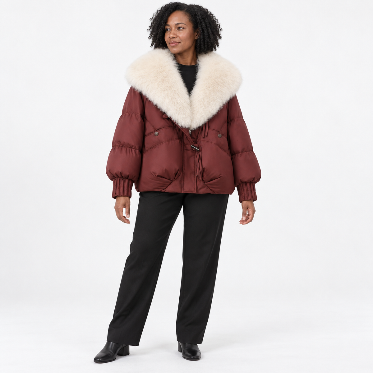Large-necked cotton-padded jacket — Angora red — front — studio 33-1