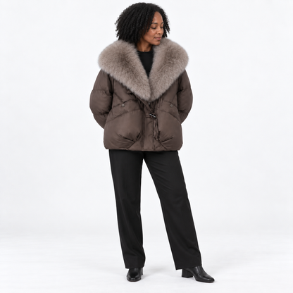 Large-necked cotton-padded jacket — Coffee color — front — studio 33-2