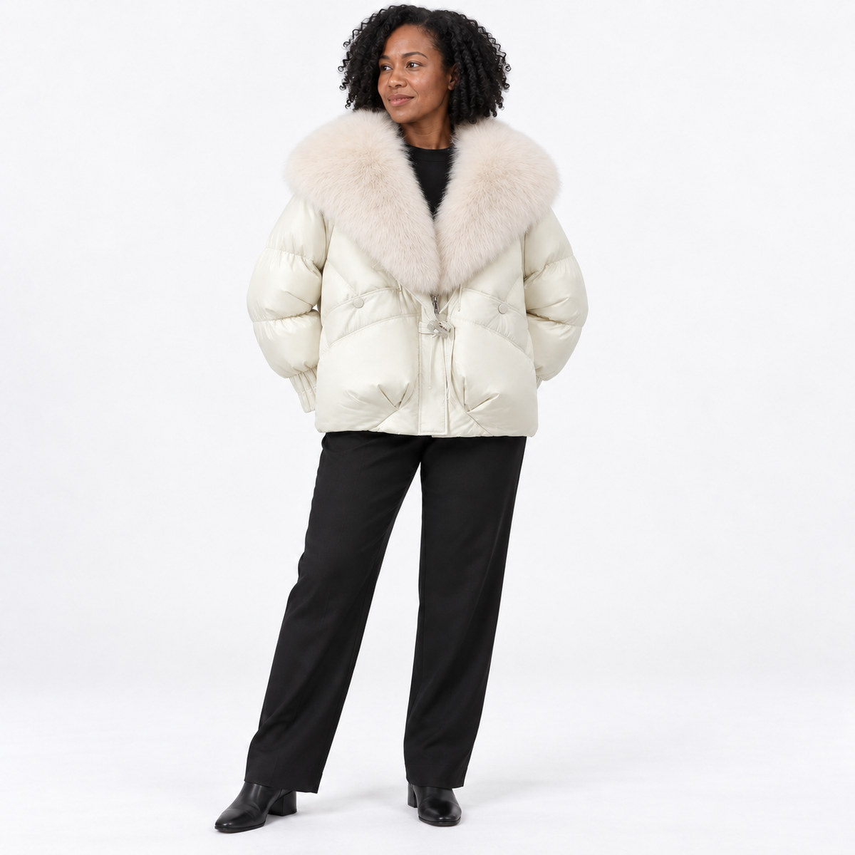 Large-necked cotton-padded jacket — Milky white — front — studio 33-3