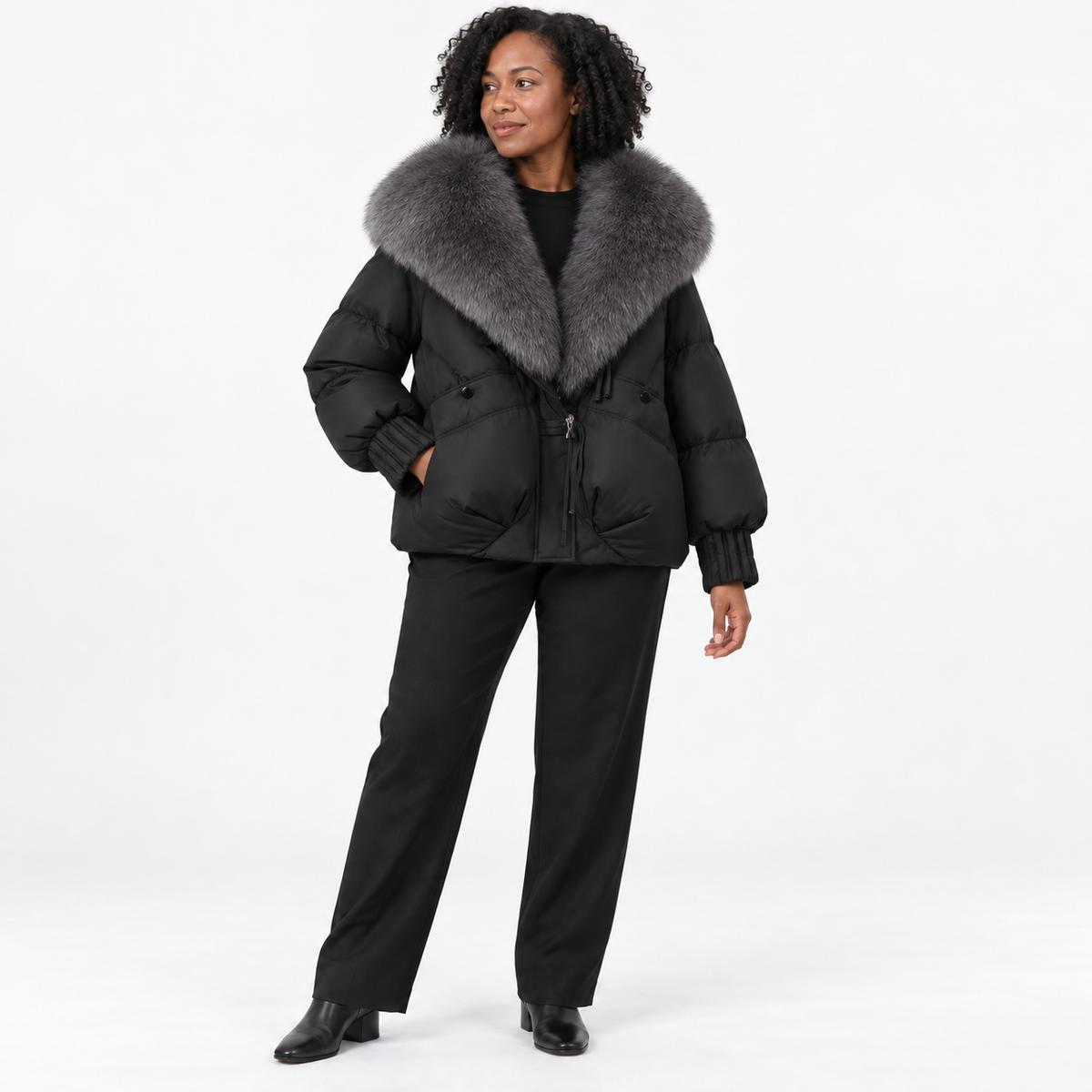 Large-necked cotton-padded jacket — Black — front — studio 33-4
