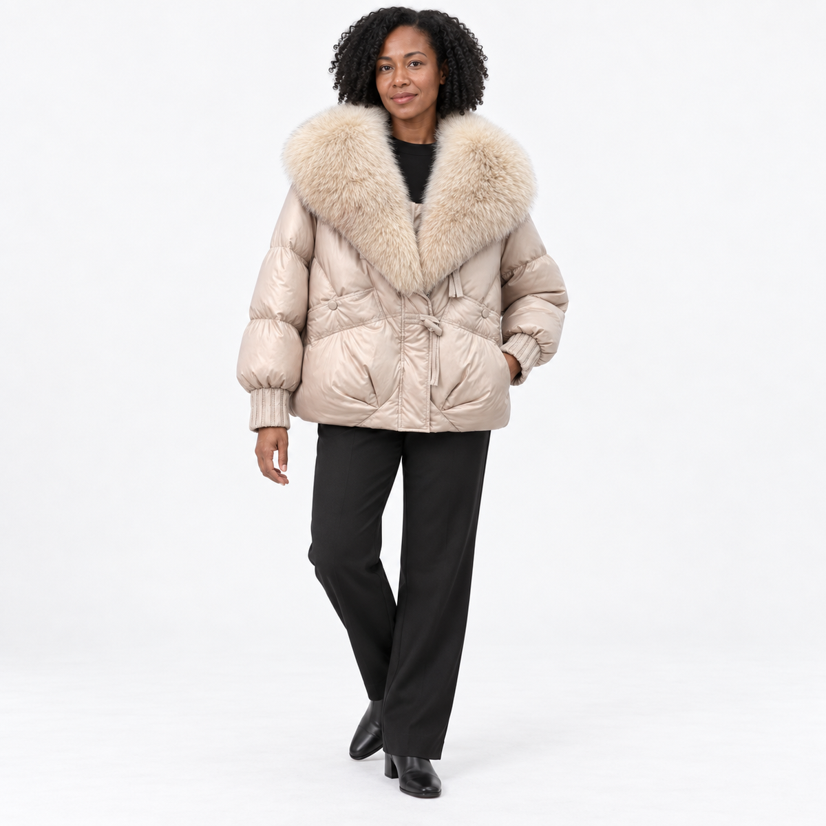 Large-necked cotton-padded jacket — Khaki — front — studio 33-5