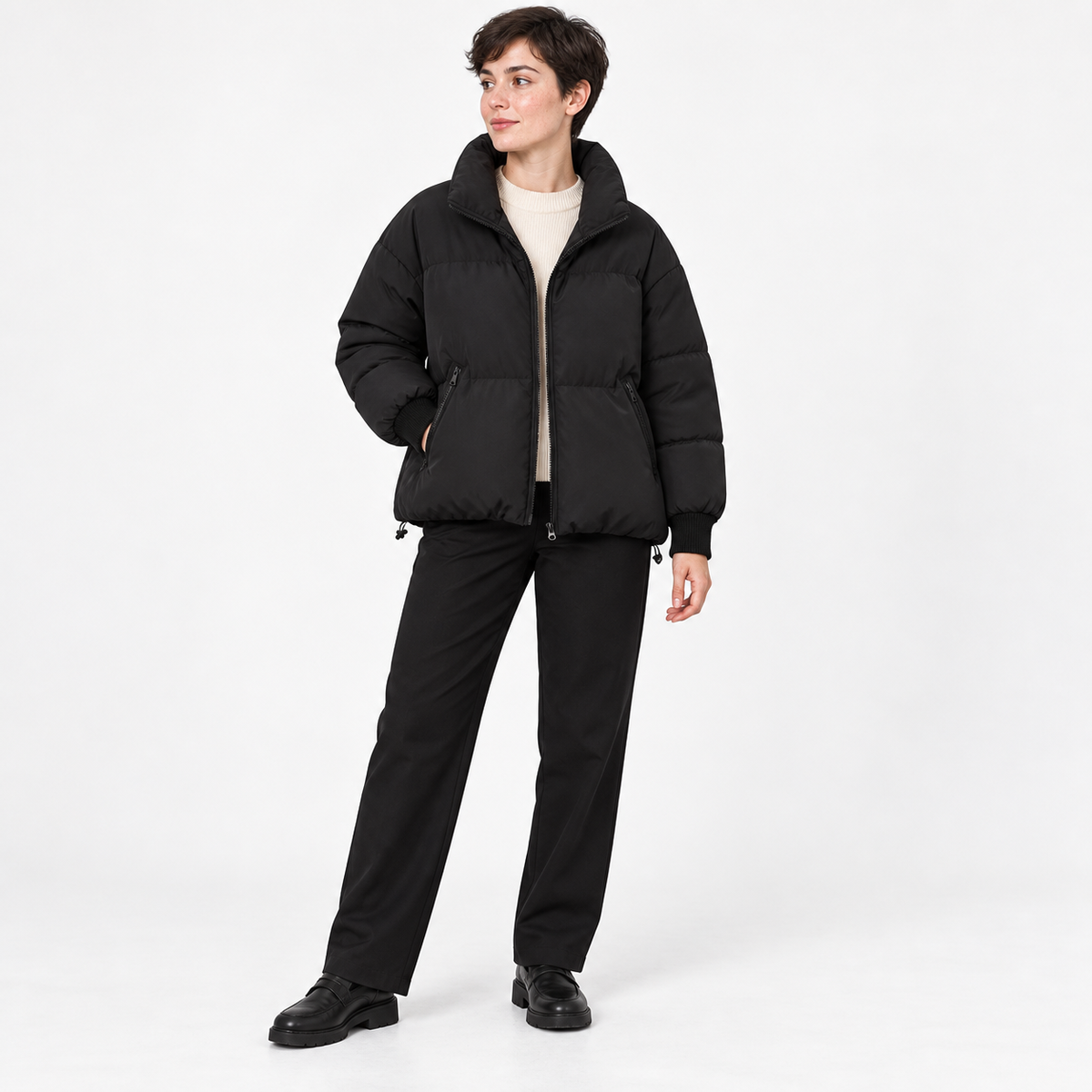 Womens Padded Jacket — Black — front — studio 34-1