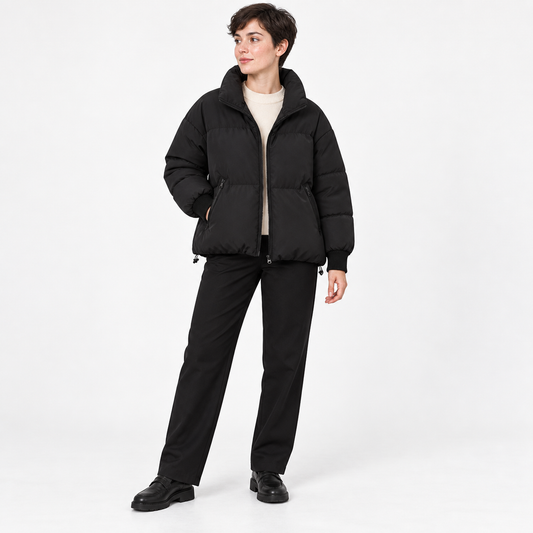 Womens Padded Jacket — Black — front — studio 34-1