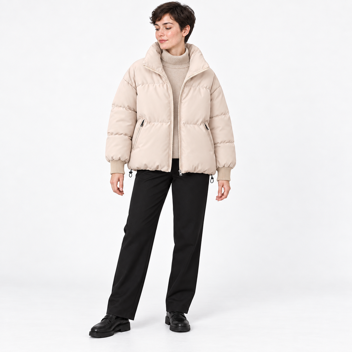 Womens Padded Jacket — rice white — front — studio 34-2