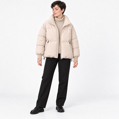 Womens Padded Jacket — rice white — front — studio 34-2