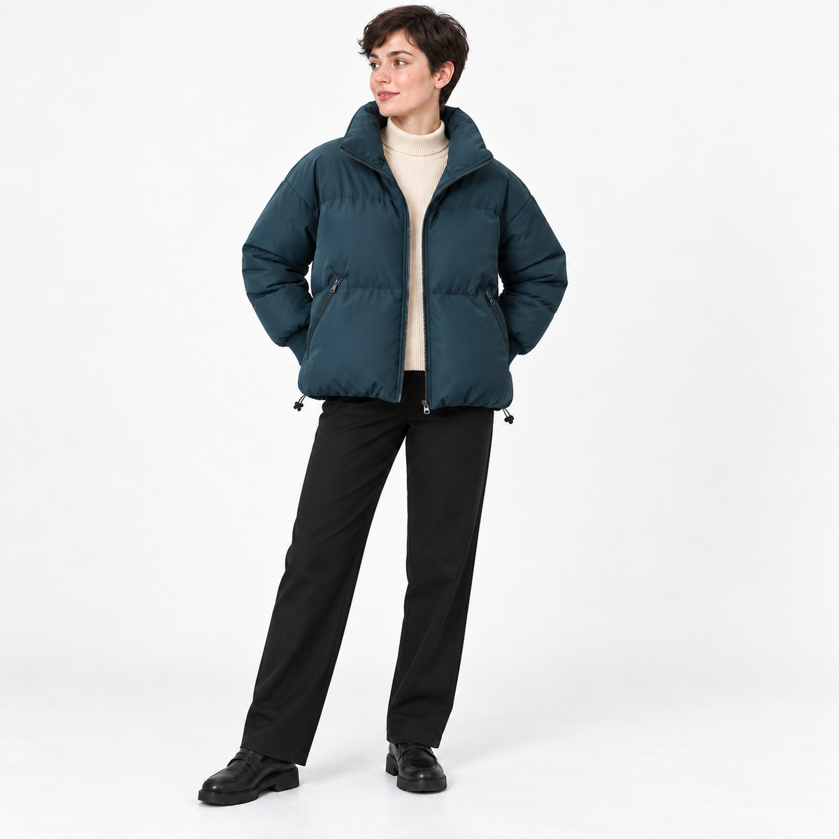 Womens Padded Jacket — peacock blue — front — studio 34-3