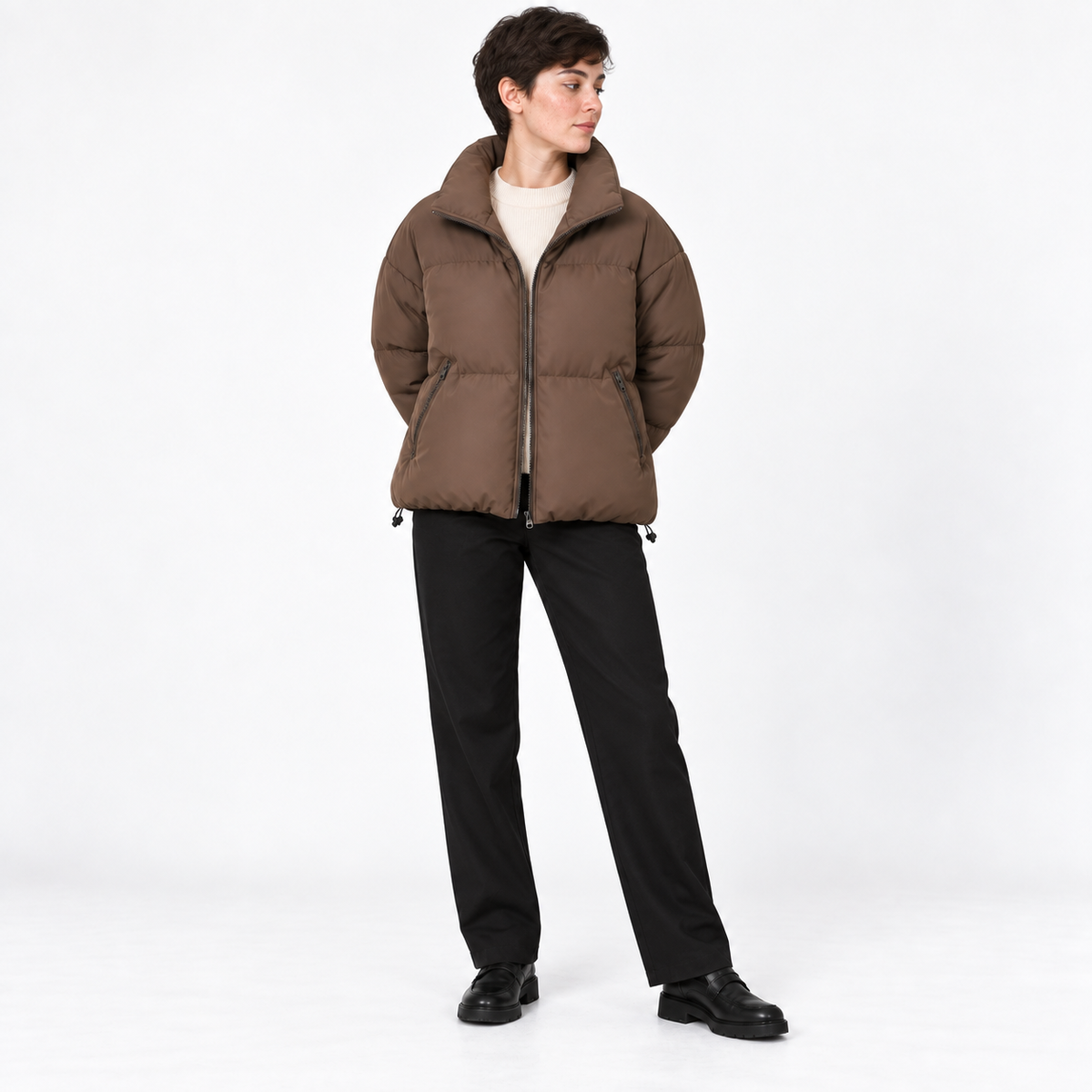 Womens Padded Jacket — Brown — front — studio 34-4