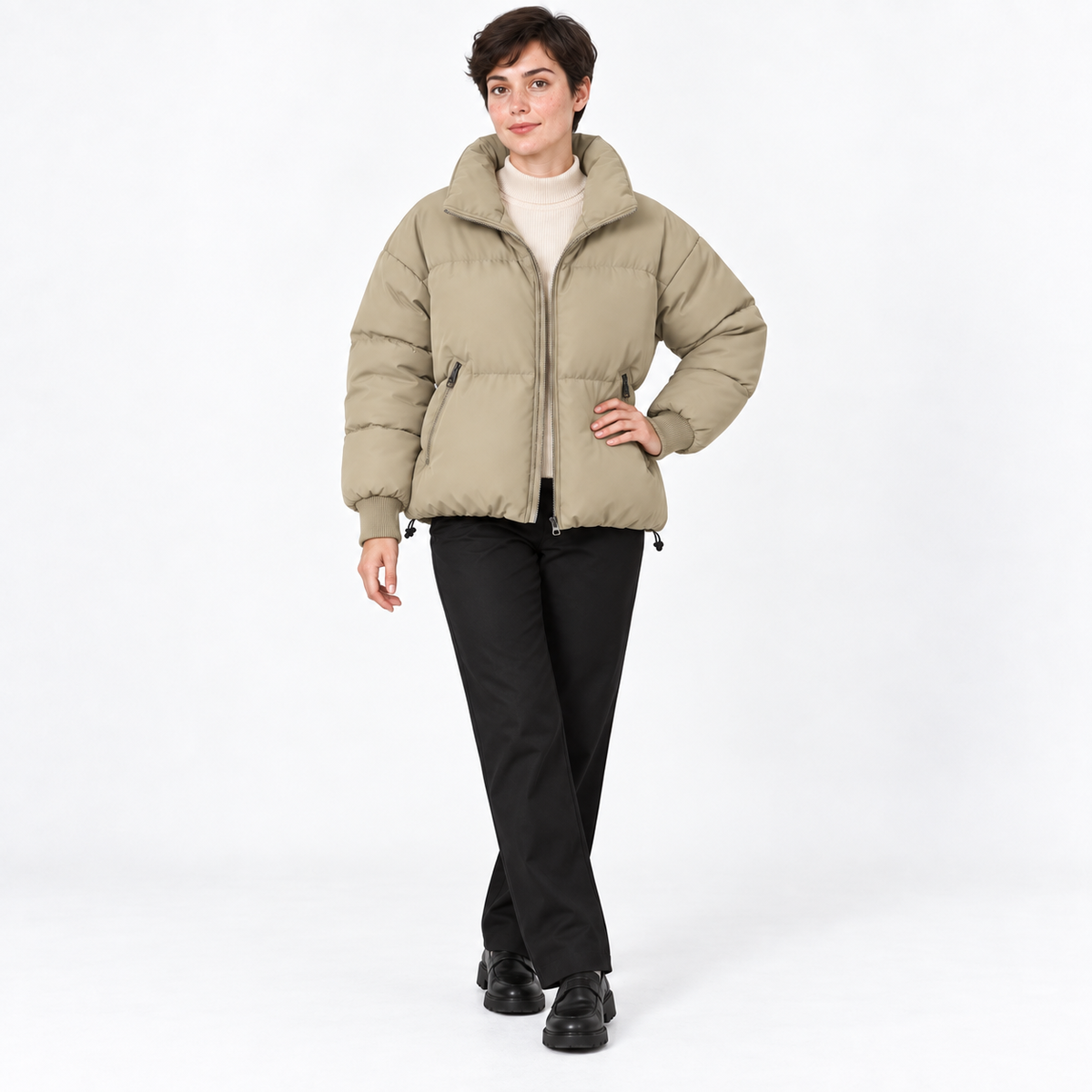 Womens Padded Jacket — Khaki — front — studio 34-5