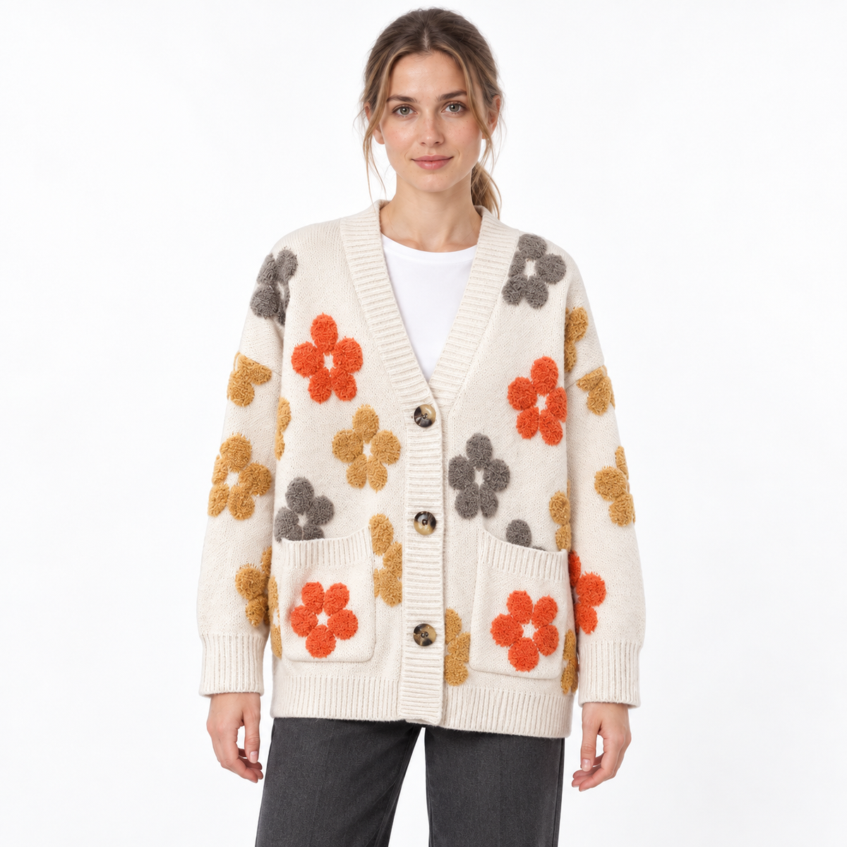 Sweet Knitted Cardigan for Women — cream white — front — studio 35-1