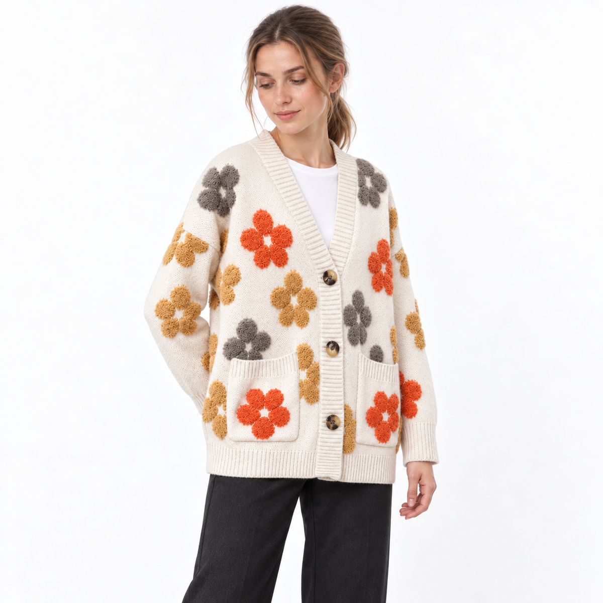Sweet Knitted Cardigan for Women — cream white — three_quarter — studio 35-2