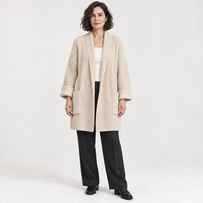 Korean Style Loose Knit Cardigan — Beige — front — studio 36-1