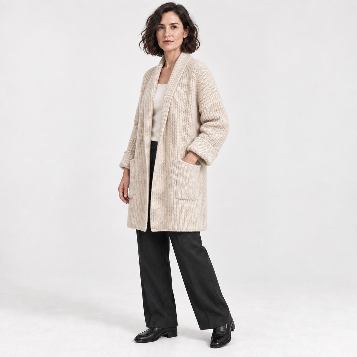 Korean Style Loose Knit Cardigan — Beige — three quarter — studio 36-2