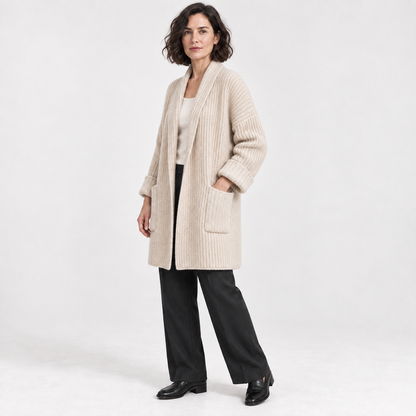 Korean Style Loose Knit Cardigan — Beige — three quarter — studio 36-2