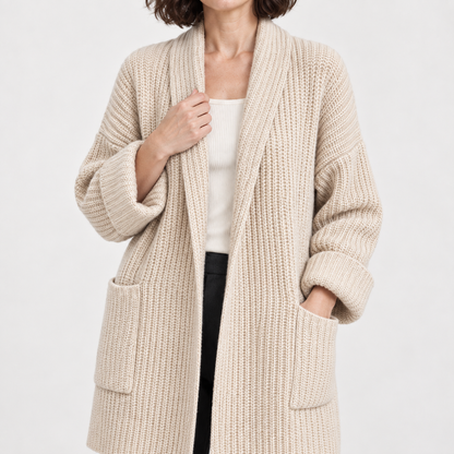 Korean Style Loose Knit Cardigan — Beige — detail — studio 36-3