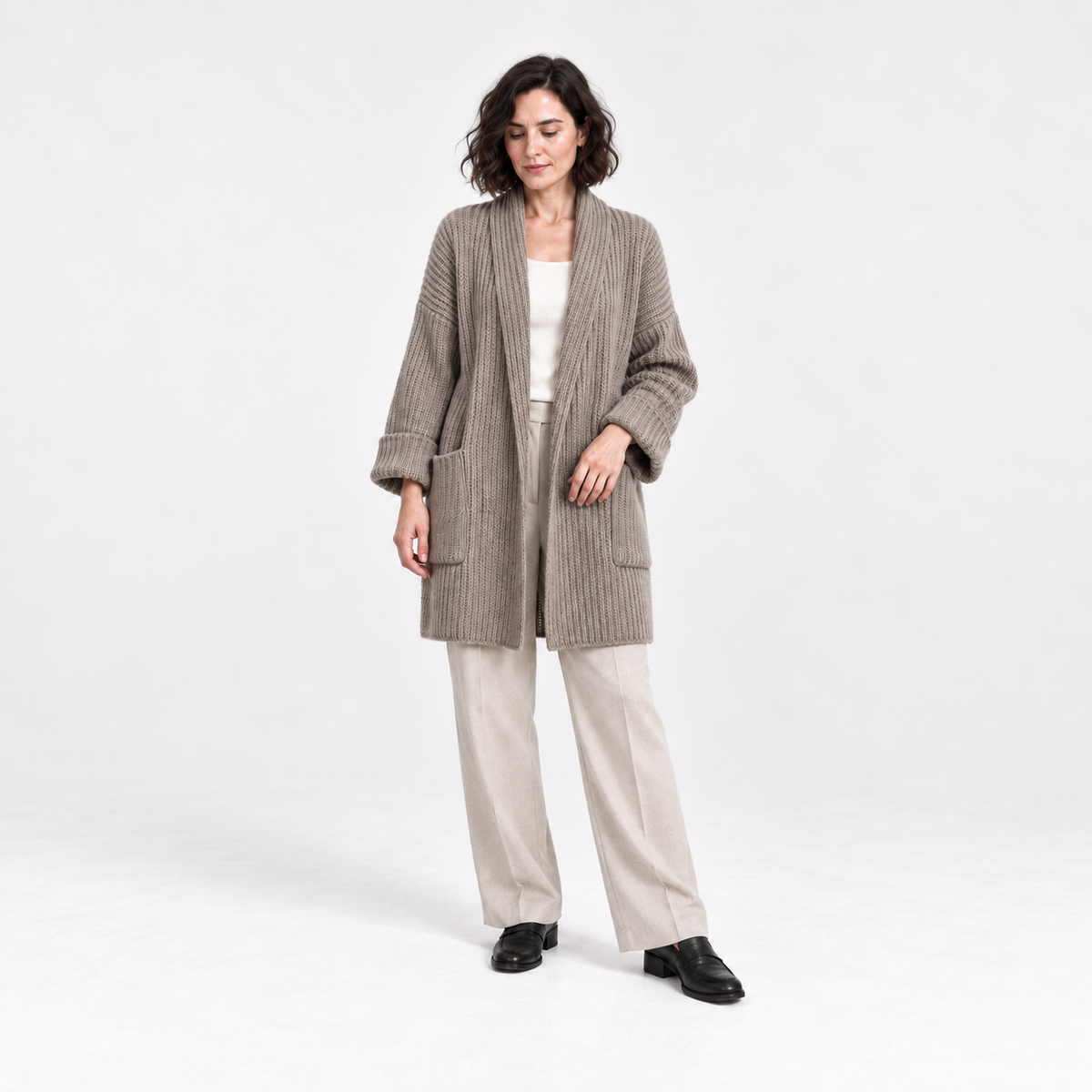 Korean Style Loose Knit Cardigan — Khaki — front — studio 36-4