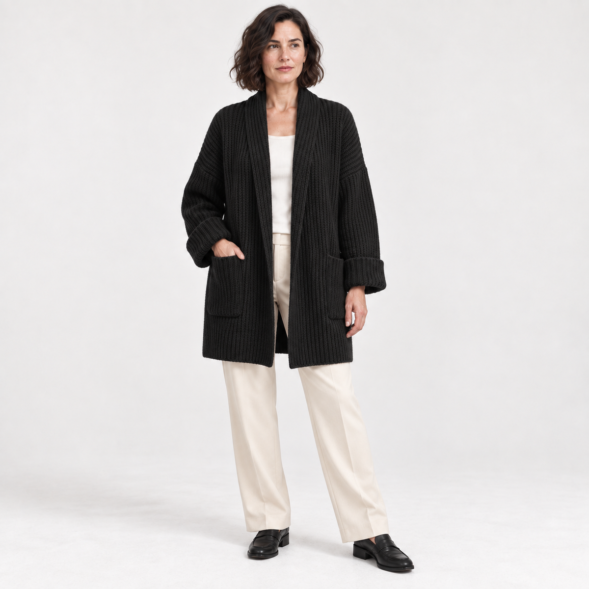 Korean Style Loose Knit Cardigan — Black — front — studio 36-5