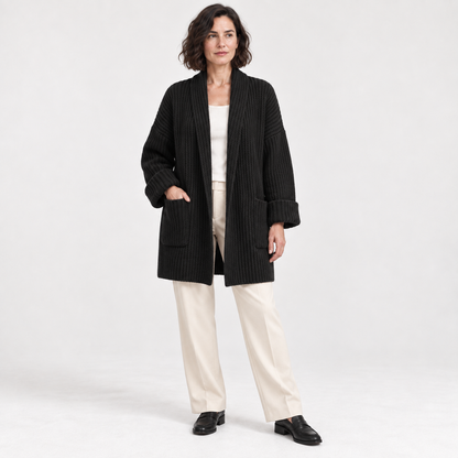 Korean Style Loose Knit Cardigan — Black — front — studio 36-5
