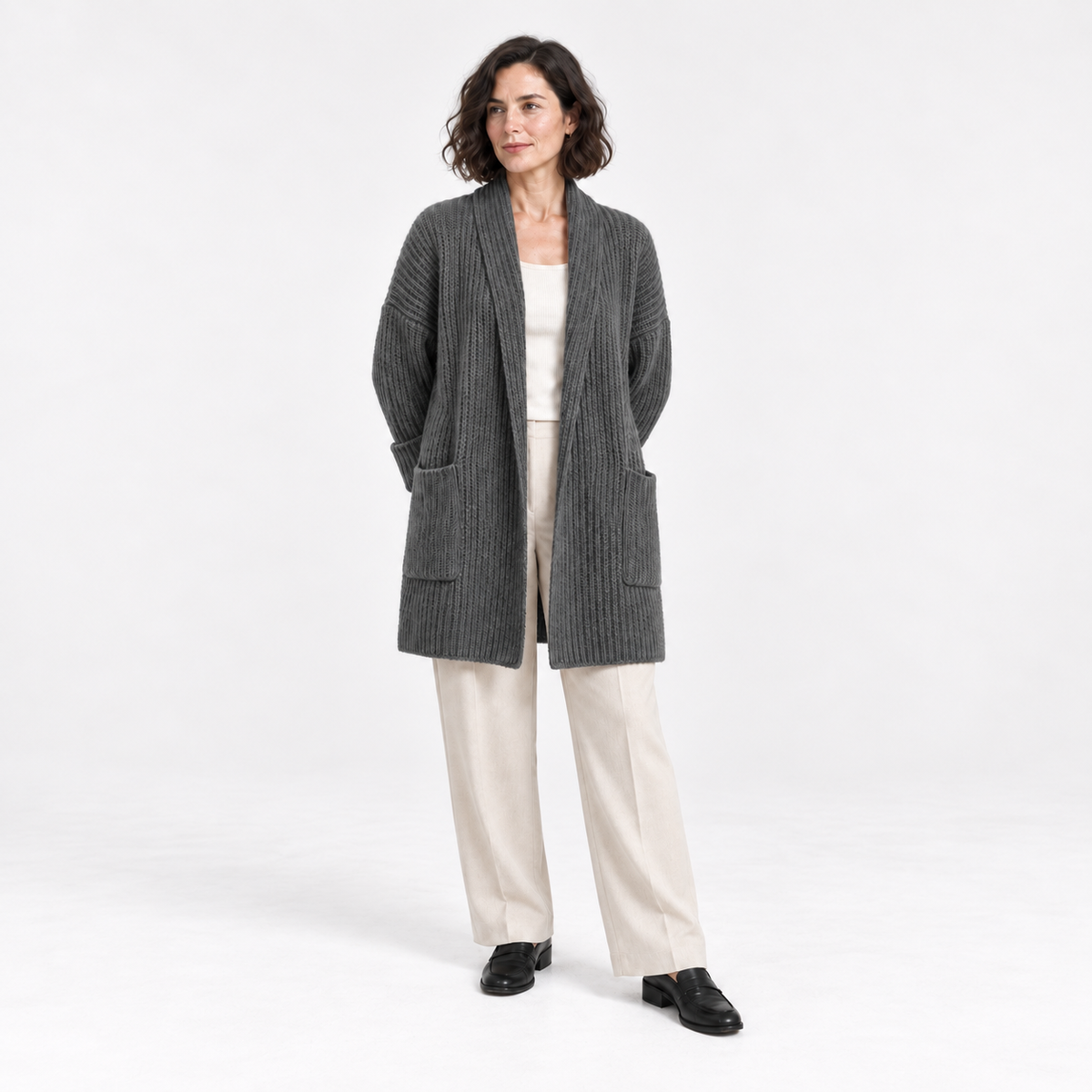 Korean Style Loose Knit Cardigan — Dark Gray — front — studio 36-6