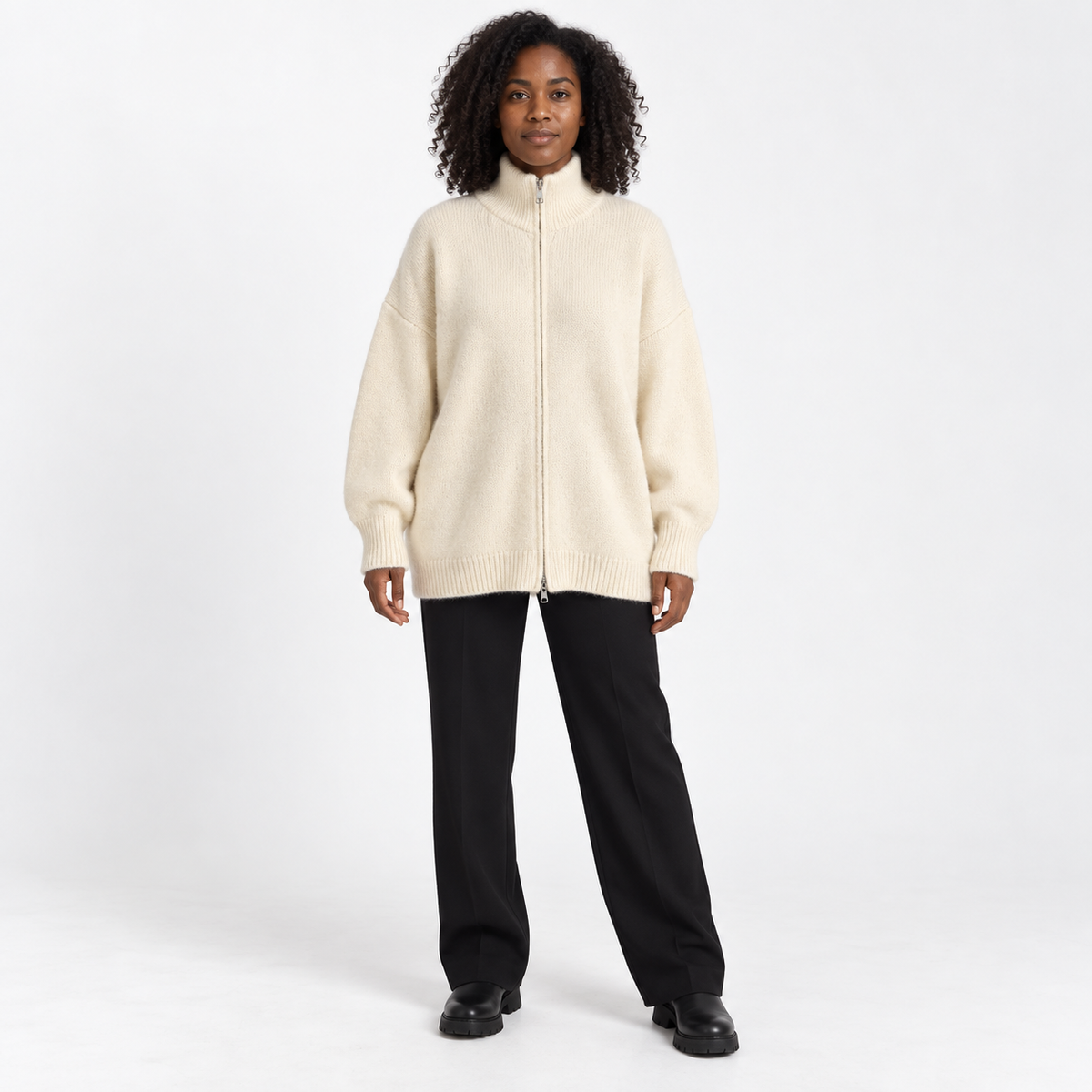 Womens Loose Knit Cardigan with High Collar — Off-white — front — studio 37-1