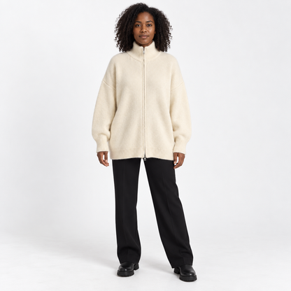 Womens Loose Knit Cardigan with High Collar — Off-white — front — studio 37-1