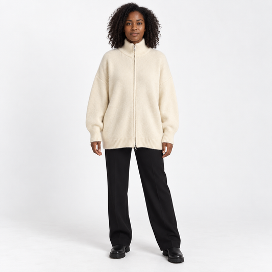 Womens Loose Knit Cardigan with High Collar — Off-white — front — studio 37-1