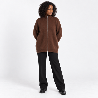 Womens Loose Knit Cardigan with High Collar — Brown — front — studio 37-2