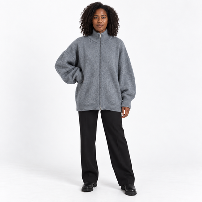 Womens Loose Knit Cardigan with High Collar — Dark gray — front — studio 37-3