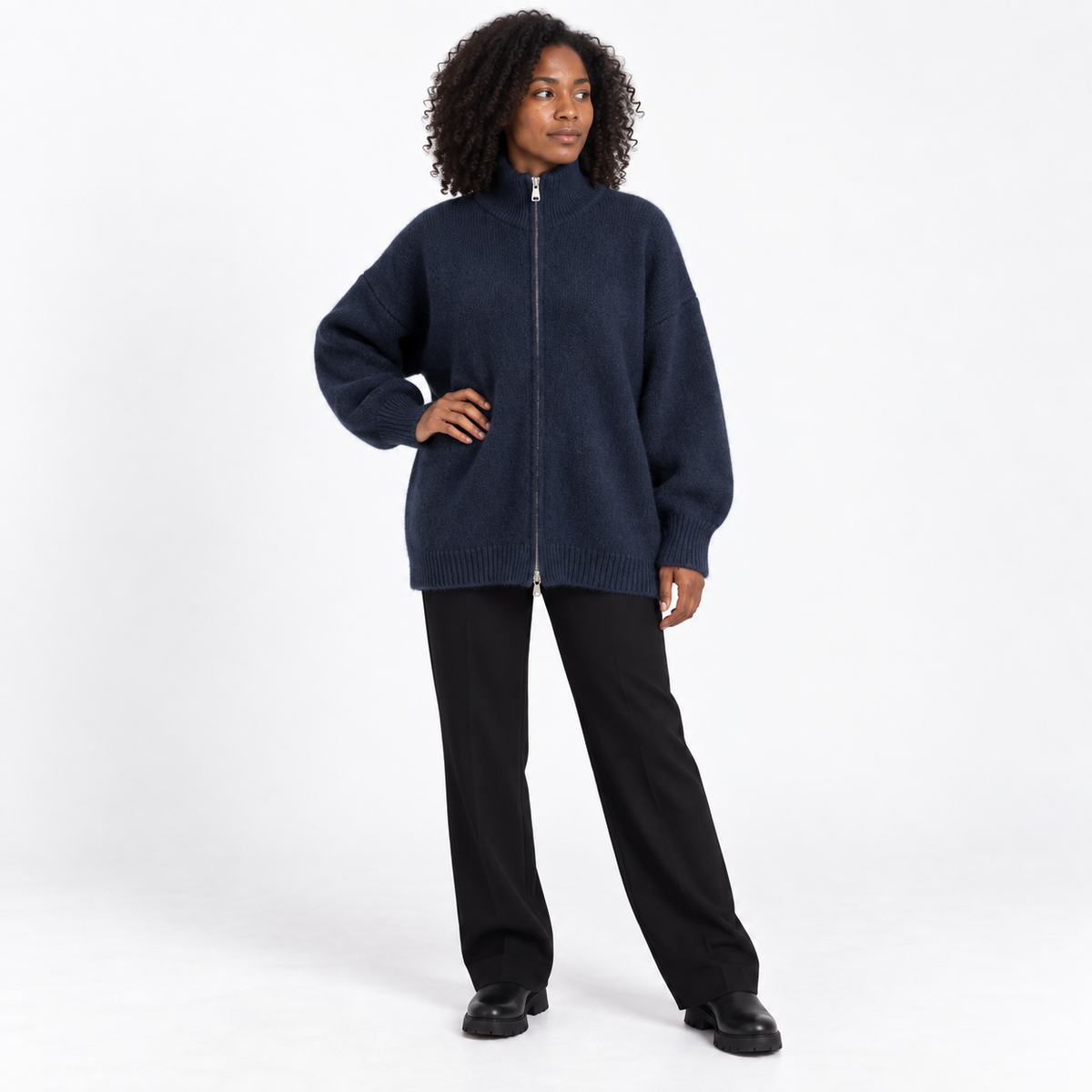 Womens Loose Knit Cardigan with High Collar — Navy blue — front — studio 37-4