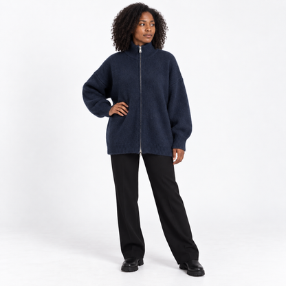 Womens Loose Knit Cardigan with High Collar — Navy blue — front — studio 37-4