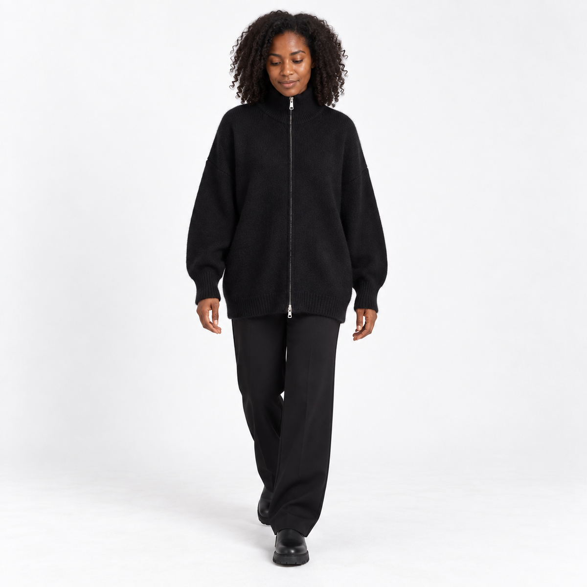 Womens Loose Knit Cardigan with High Collar — Black — front — studio 37-5