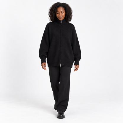 Womens Loose Knit Cardigan with High Collar — Black — front — studio 37-5
