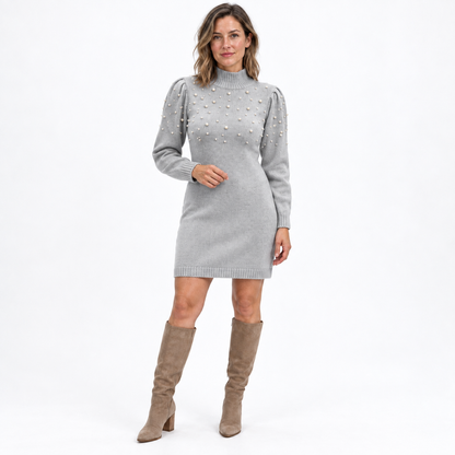 Autumn and Winter High-Neck Sweater Dress — Gray — front — studio 39-3