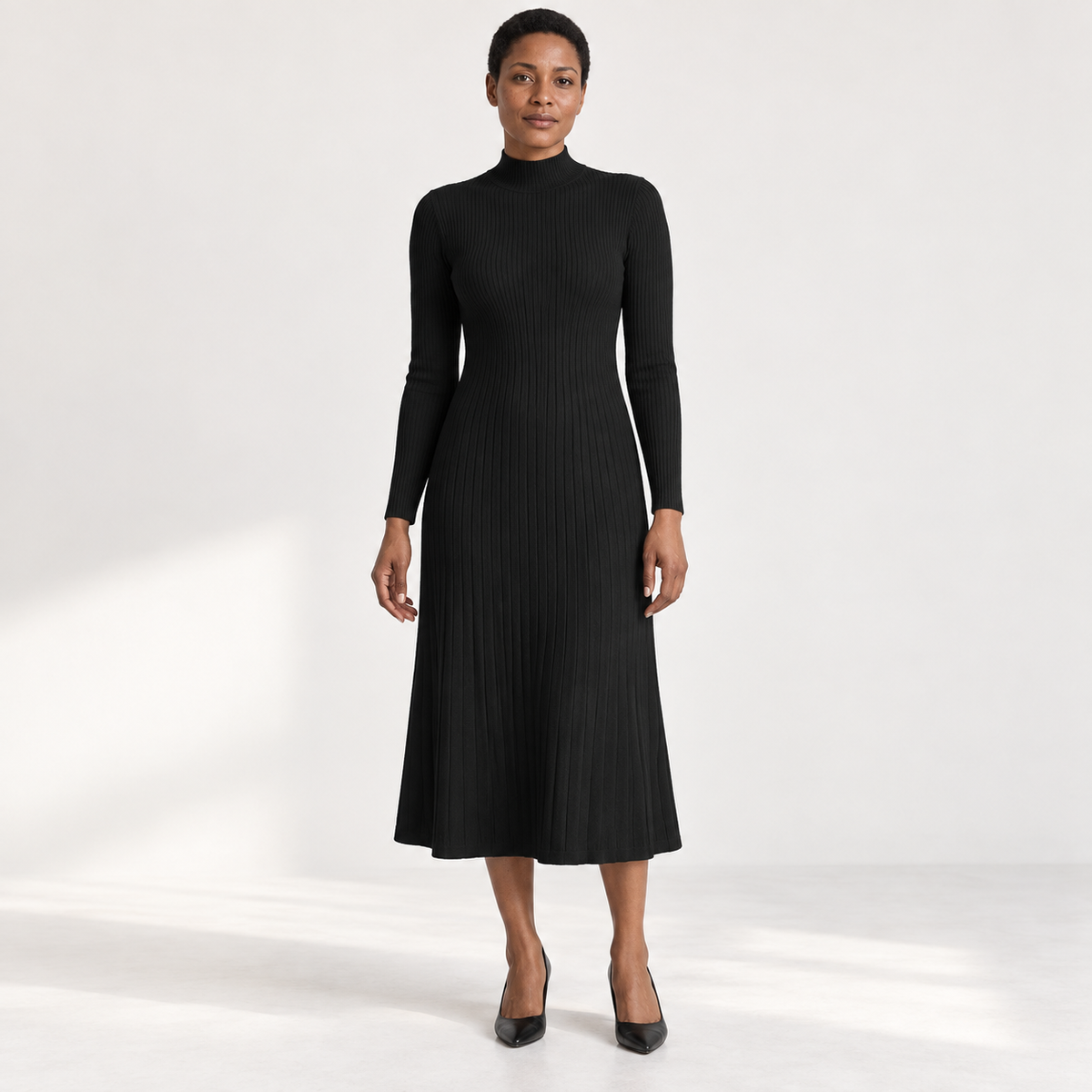 Womens Half Turtleneck Knitted Dress — Black — front — studio 40-1
