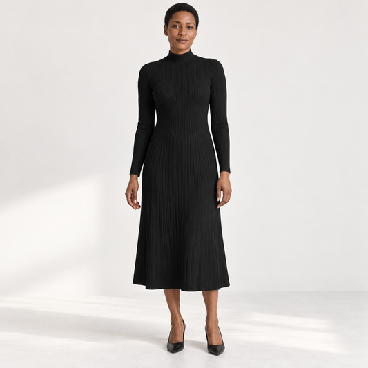 Womens Half Turtleneck Knitted Dress — Black — front — studio 40-1