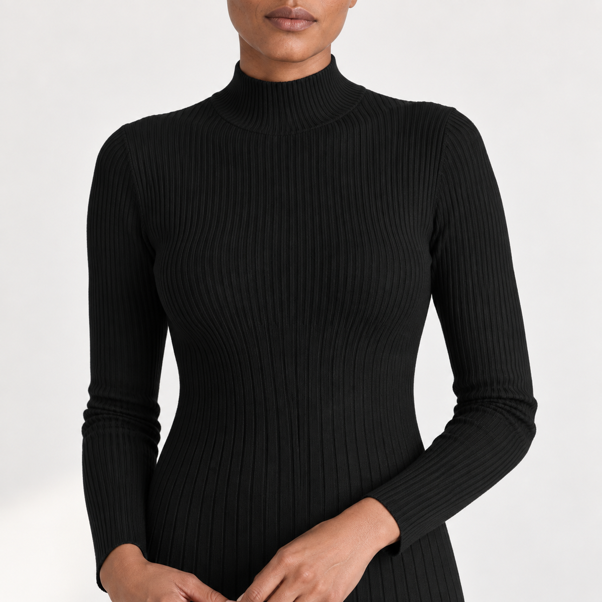 Womens Half Turtleneck Knitted Dress — Black — detail — studio 40-3